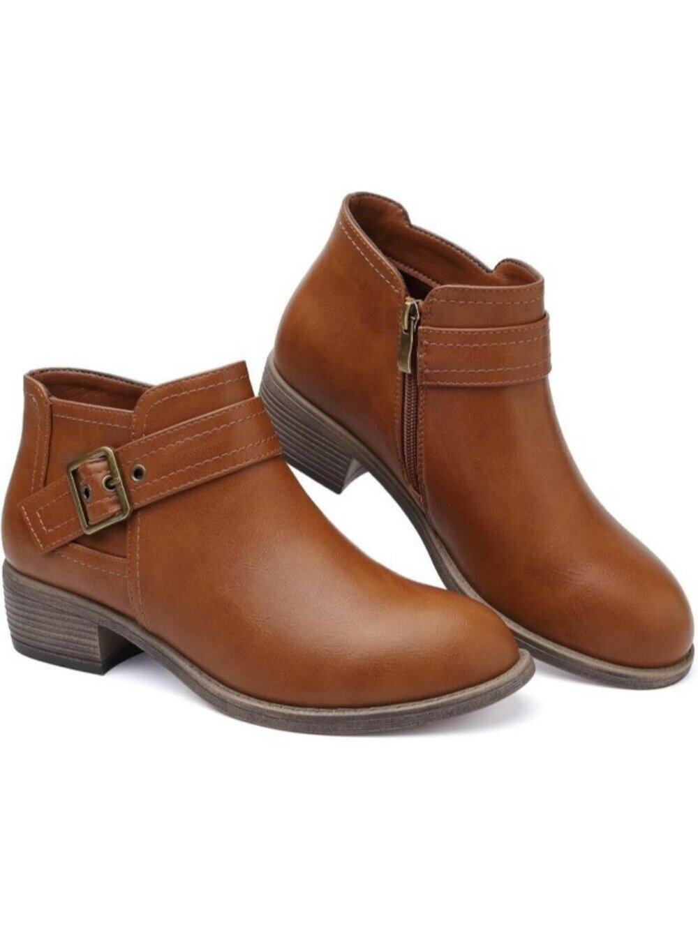 Women's Brown Ankle Boots Low Heel Booties Buckle Round Toe Fall Boots Side Zip